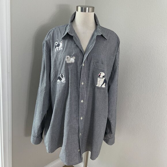 Mili Designs Womens Plus 1X Button Up Shirt Black White Dog Embroidered Gingham - Picture 1 of 15